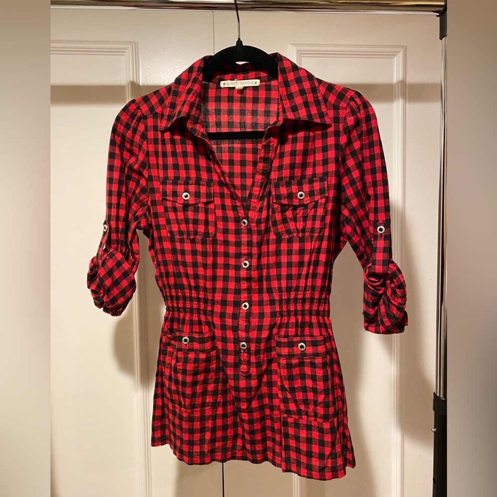 Almost Famous red and black plaid smocked waist shirt